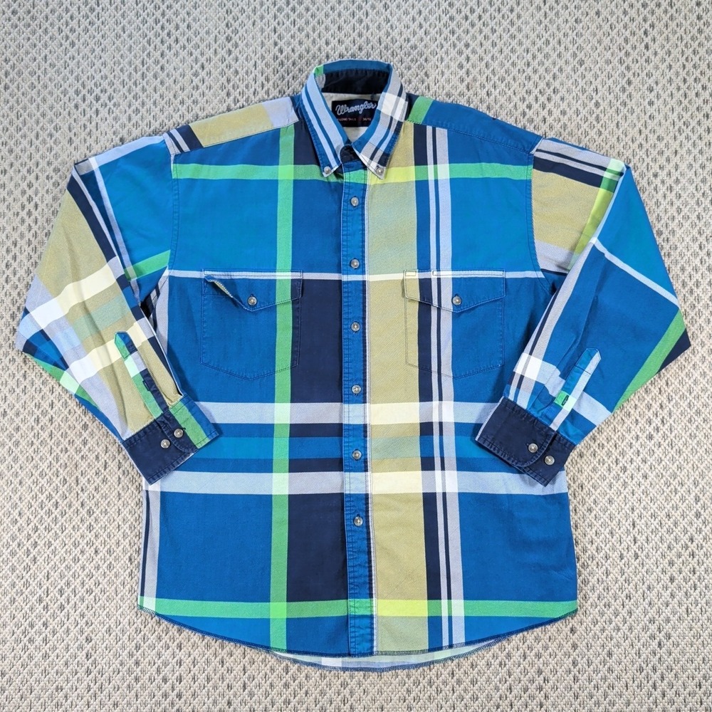 VTG Wrangler X-Long Tails Button LS‎ Blue 90s Rodeo Western Plaid Shirt Sz 34-16